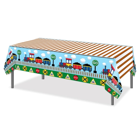 2Pcs Plastic Tablecloths - Train Birthday Party Supplies, Disposable Rectangular Train Theme Tablecloth for Decoration, 54x87In