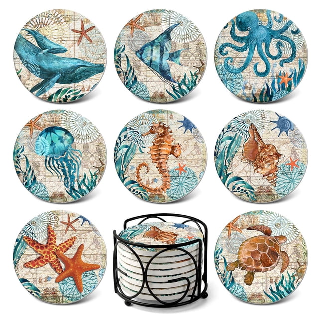 Juego de posavasos Teivio Stone Marine Life de 8 piezas, 10 cm