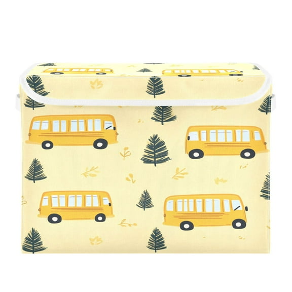 WOBOGO Yellow Kindergarten School Bus Pattern Large Collapsible Storage Box Flip Lid Fabric Decorative Organizer Container Basket with Handles 16.5×12.6×11.8in