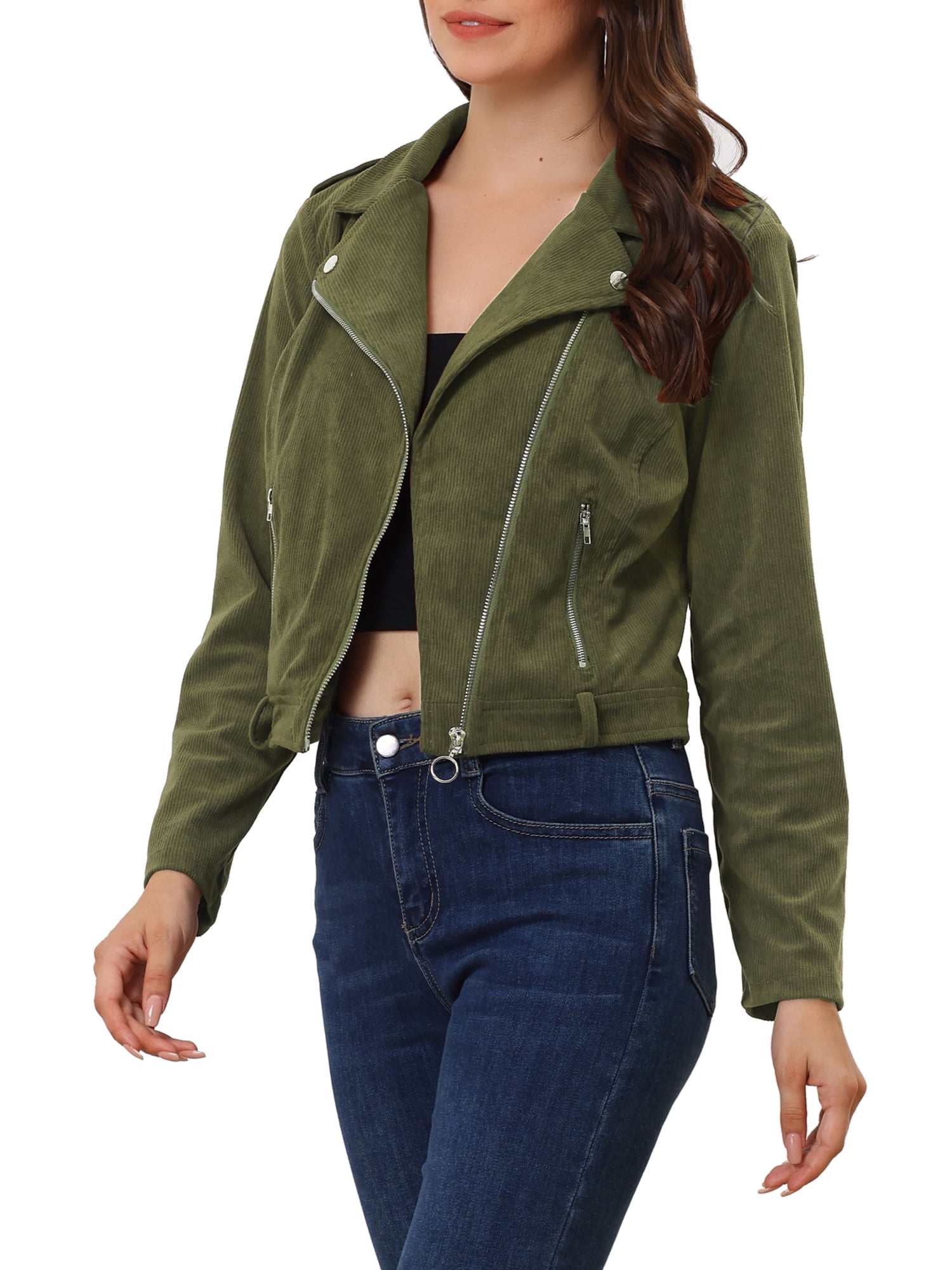 Unique Bargains Women's Corduroy Notched Lapel Zip Up Motorcycle Jacket