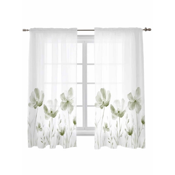 Sage Green Flowers Curtains 72 Inch Length,Sheer Curtains for Bedroom Living Room Window Watercolor Retro White Floral Leaves Rod Pocket Drapes Kitchen Curtains Small Half Window 52"x72" 2 Panels