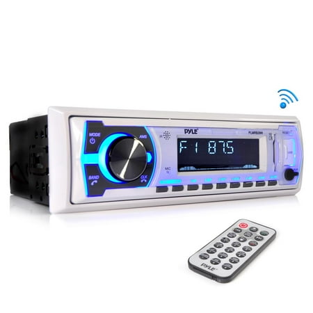 PYLE PLMRB29W - Marine Bluetooth Stereo Radio - 12v Single DIN Style Boat In dash Radio Receiver System with Built-in Mic, Digital LCD, RCA, MP3, USB, SD, AM FM Radio - Remote Control