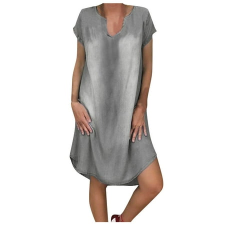 

Casual Women Dresses Cute Dresses with Pockets Summer Dresses with Sleeve Women Fashion Short Sleeve V Neck Denim Jean Long Pajama Dress below The Knee Dresses for Women Womens Casual Halter Dresses