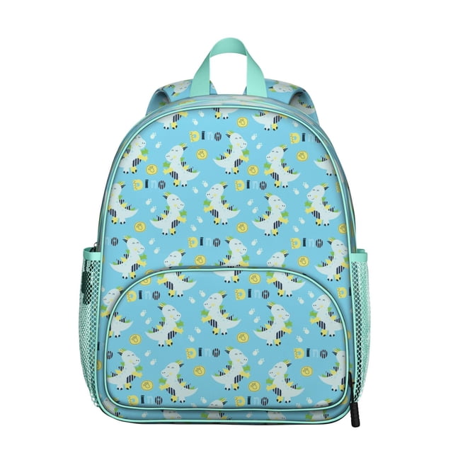 Forest Dinosaur Print Student Backpack – Roaring Cartoon Dino in Colorful Nature Scene with Artistic Abstract Watercolor Elements