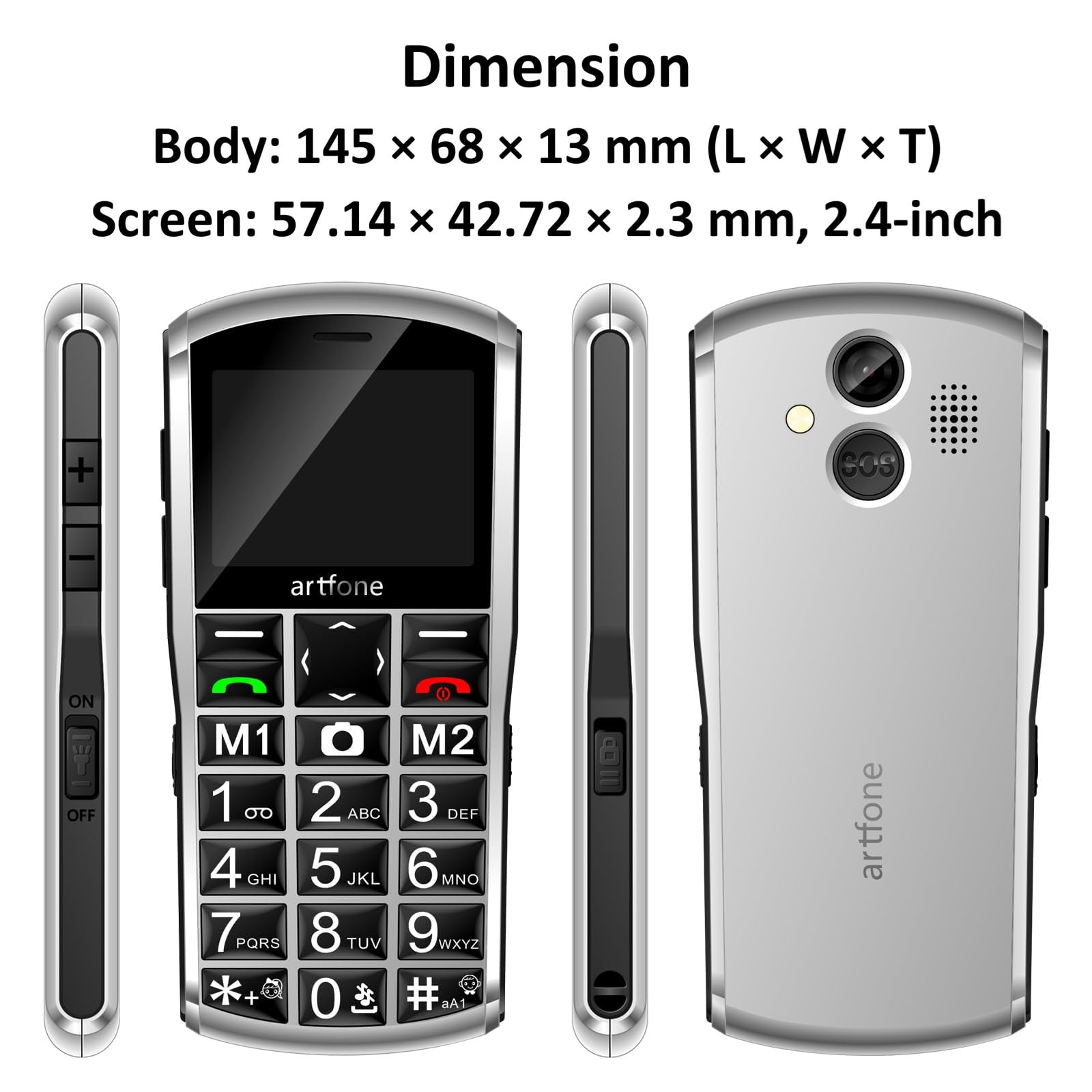 artfone A400, 4G LTE Cell Phone Unlocked (T-Mobile Unlocked), Cell Phone for Seniors, Dual SIM, Dumb Phone with Big Buttons, Camera, SOS Button, Charging Dock, Speed Dial, Senior Mobile Phone, Sliver