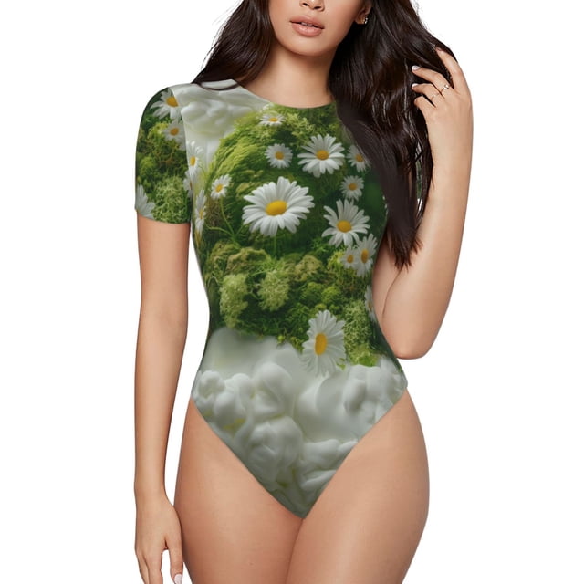 Fotbe Nature Hand Daisies Art Body de Mujer con Cuello Redondo y Mangas Cortas, Sin Mangas Ajustado, Suave, Cómodo y Básico-Medium