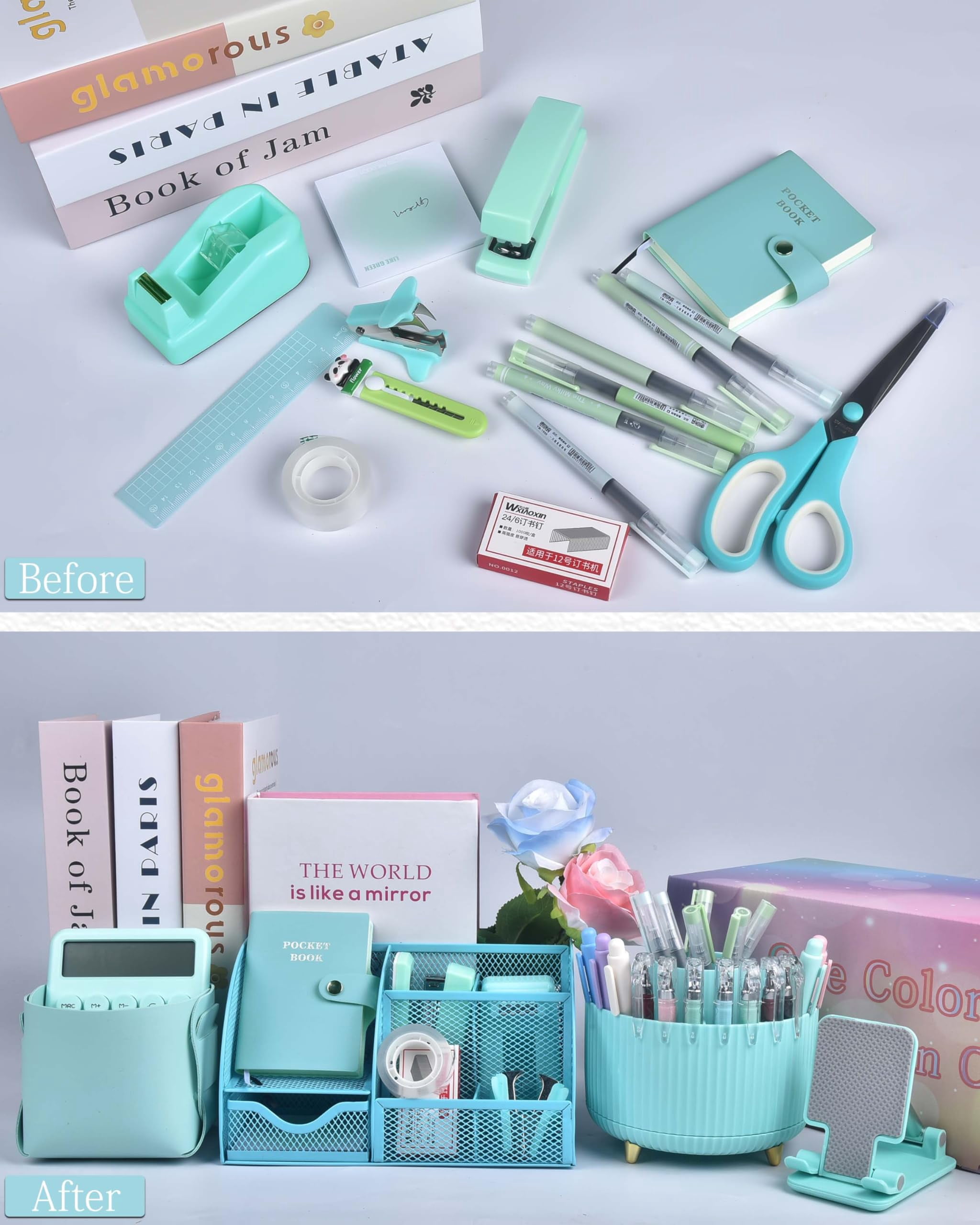 21pcs Green And Blue Desk Organizers Accessories With Mesh Organizer 360°rotating Pen Holder A Lot Of Office Supplies Beautifully Presented In Gift Box