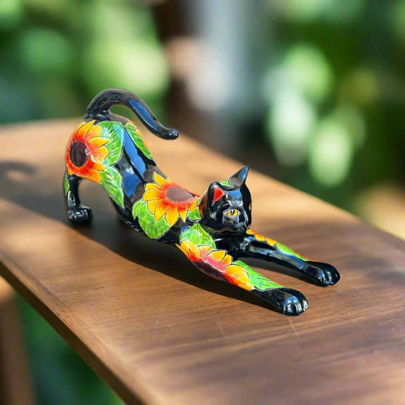 Talavera Stretching Cat Statue | Hand-Painted Sunflower Design