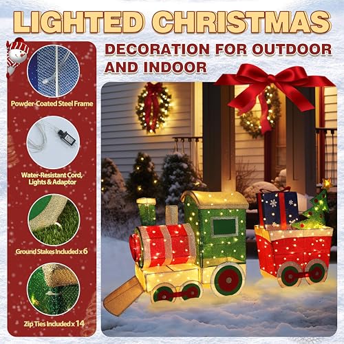 VEIKOU 5FT Outdoor Christmas Decorations Train Set with 170 LED Lights ...