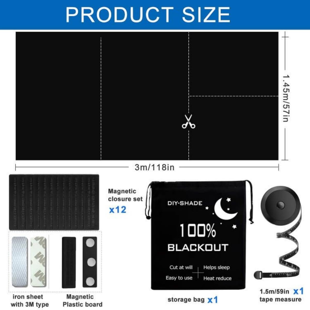 Blackout Blind Magnetic Window Cover, No Drill, Cut Any Size or Shape, Portable Black Out Shades with Magnetic Closure