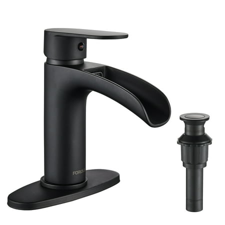 

FORIOUS Waterfall Single Handle Bathroom Faucet with Metal Pop-Up Drain Bathroom Sink Faucet Matte Black in Bathroom