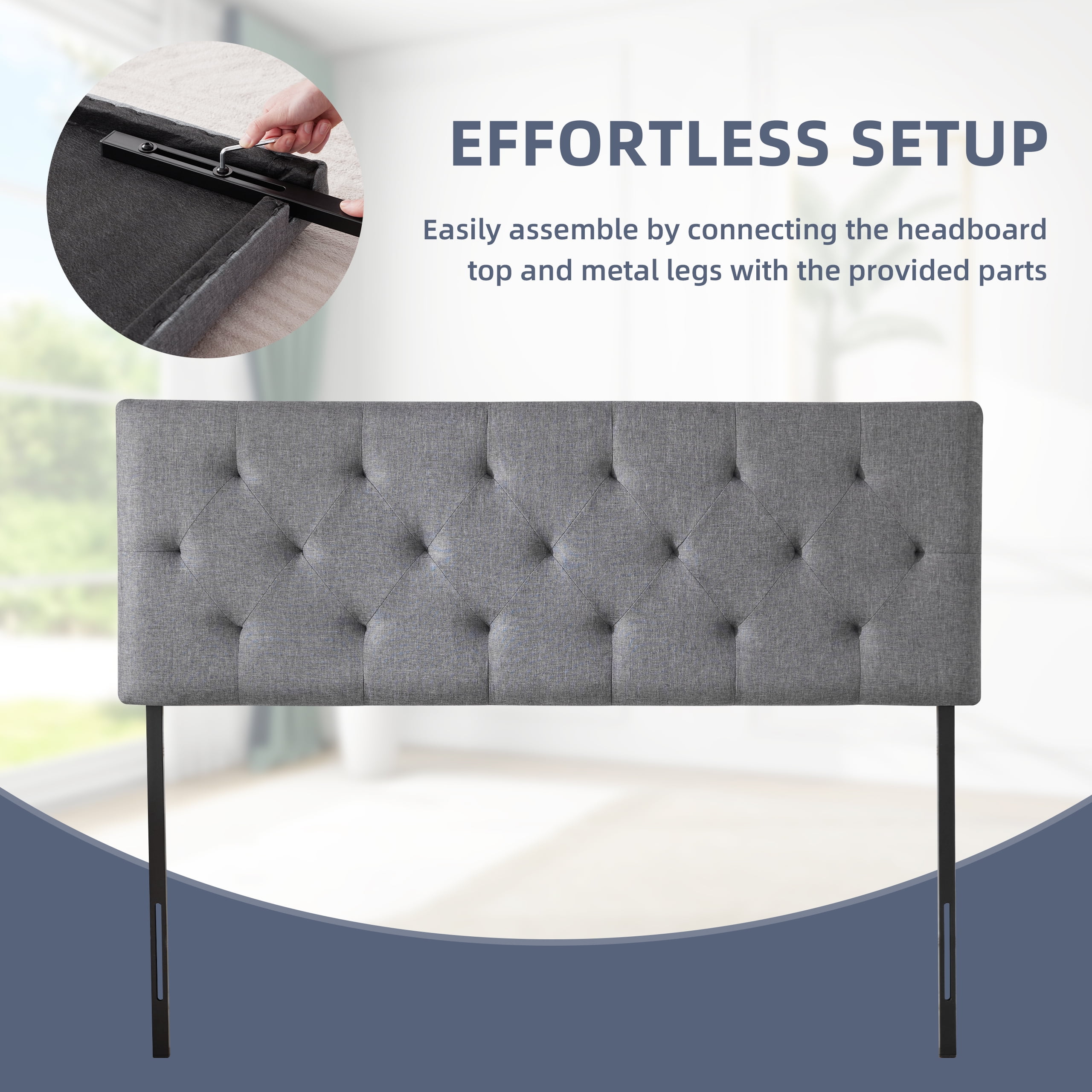 Weture Linen Upholstered Full Headboard, Modern Panel, Light Grey