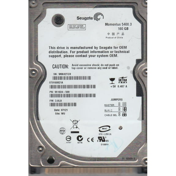 ST9160821A, 5MA, WU, PN 9S1034-500, FW 3.ALA, Seagate 160GB IDE 2.5 Hard Drive