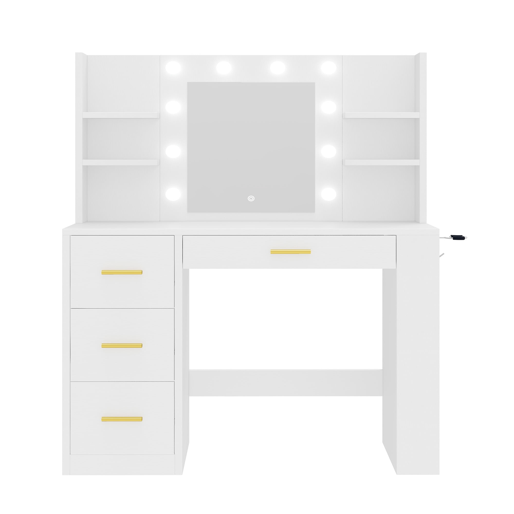 Uforic Makeup Vanity Desk with Mirror & 10 Lights, Vanity Desk with Power Outlet, 4 Drawers & 8 Storage Shelves - White