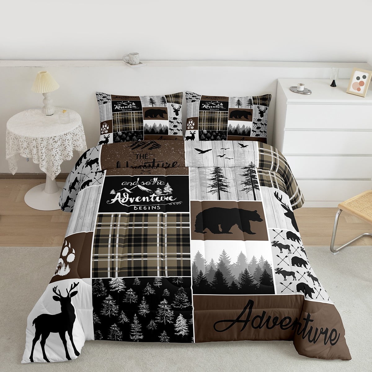 Hunting Bear Deer Bedding Comforter Sets, Rustic Cabin Patchwork Comforter Set Twin, Buffalo Plaid Quilt Farmhouse Cowboy Woodland Duvet Insert Teens Adult Women Bedroom, Brown Gray