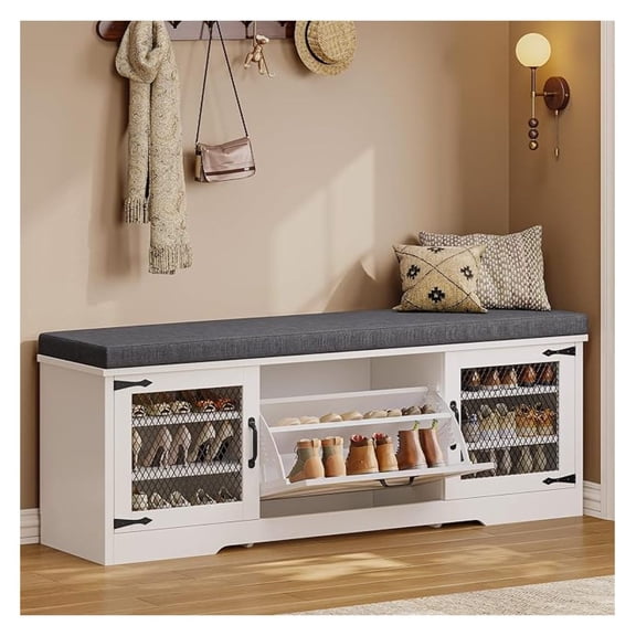 Farmhouse Storage with Drawers & Padded Seat Cushion, Half Shoe Rack Organizer, Adjustable Shelf Shoe Cabinet for Entryway, Bedroom, Living Room (White, 57IN)