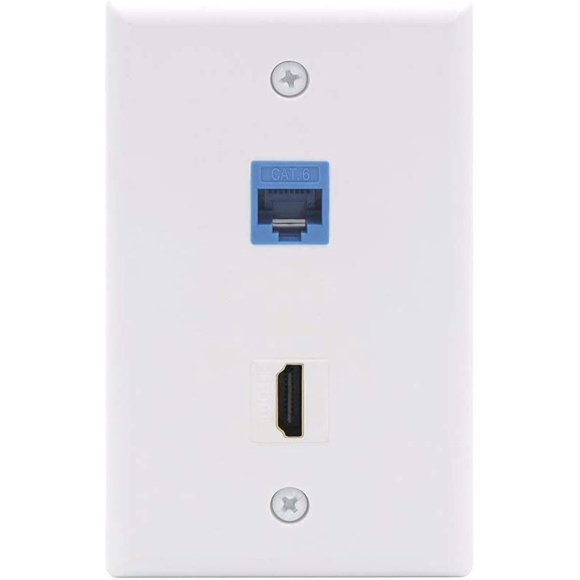 HDMI Ethernet Wall Plate, 2-Port Faceplate with RJ45 Cat6 Keystone Coupler & HDMI Female to Female Keystone Jack Insert, UL Listed