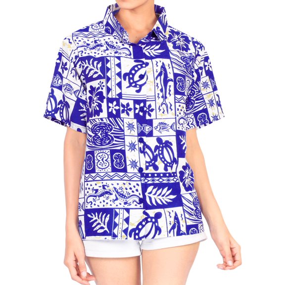HAPPY BAY Button Down Shirt for Women Casual Summer Beach Party Short Sleeve Blouse Shirt Tops Blouses Button up Hawaiian Shirts Tank Top Women XXL Aloha Turtle, Royal Blue