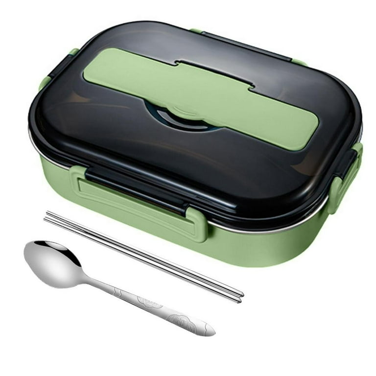 4 Grid Green Steel Lunch Box With Bowl & Spoon