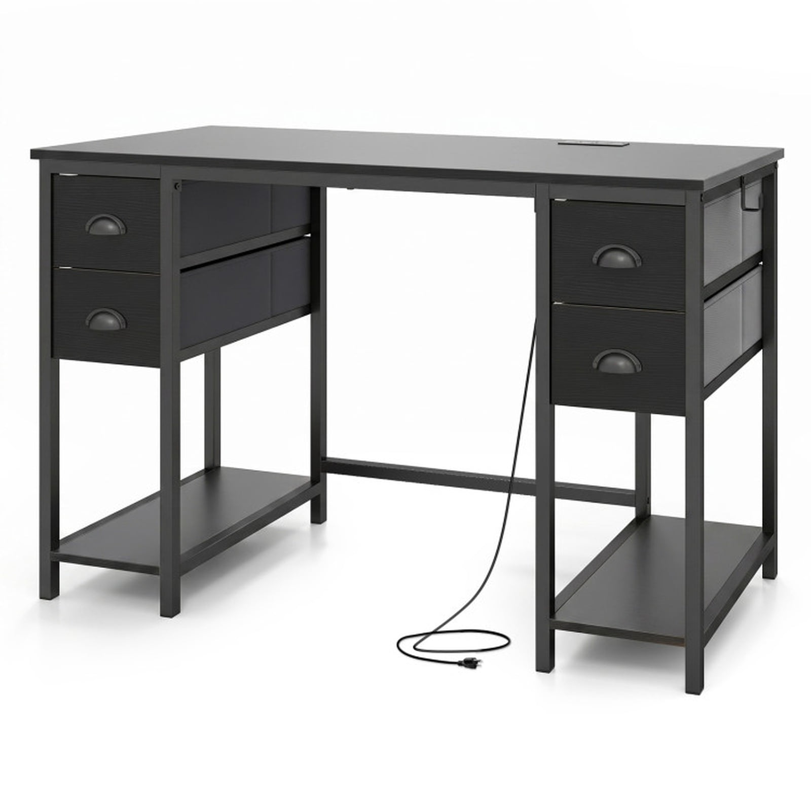 Furnibear 48 Inch Computer Desk with Power Outlet, Home Office Desk with 4 Fabric Drawers and Storage Shelves for Study, Black