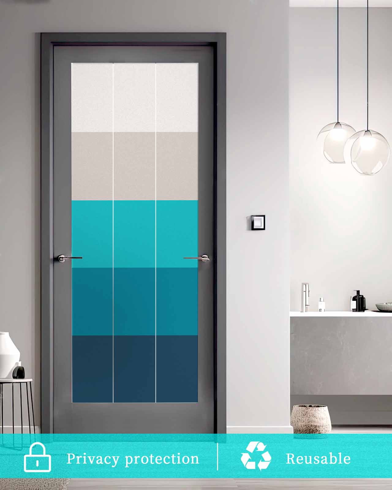 Window Privacy Film, Ombre Black Aqua UV Sun Blocking Window Tint Film Heat Control One Way Blackout Window Film, Simple Modern Farmhouse Stripes Non Adhesive Static Cling Window Sticker 19.6x39.3 In