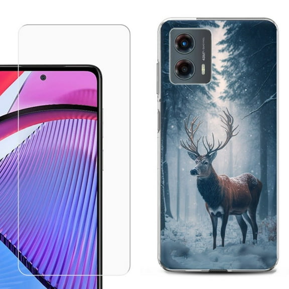 OneToughShield ® Compatible with Motorola Moto G 5G 2023, Shockproof Phone Case, with Tempered Glass Screen Protector - Deer Winter