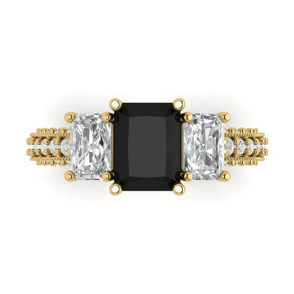 3.61 ctw 3 Stone Anniversary Ring for Women | Emerald Cut Natural Onyx | Hyperallergenic Solid 14K Yellow Gold
