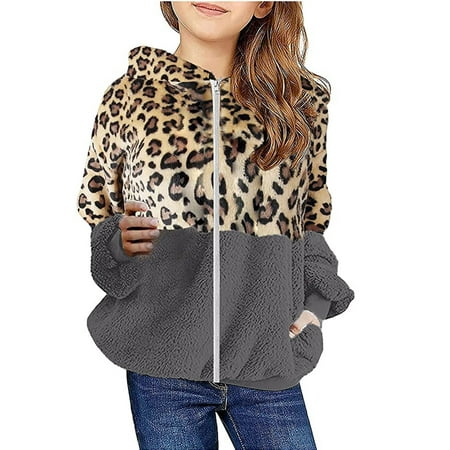 

YYDGH Girls Fuzzy Fleece Pullover Hoodies Sweatshirt Casual Loose Colorblock Zipper Outwear Winter Warm Coat with Pockets (Brown&Gray 8-9 Years)