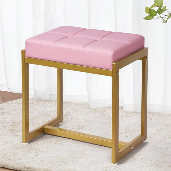 Vanity Stool, Pink Small Vanity Stool Chair, Square Cushion Makeup Vanity Chair for Vanity, Metal Vanity Chair Foot Stool Ottoman Seat for Bedroom Makeup Living Room, Pink & Gold