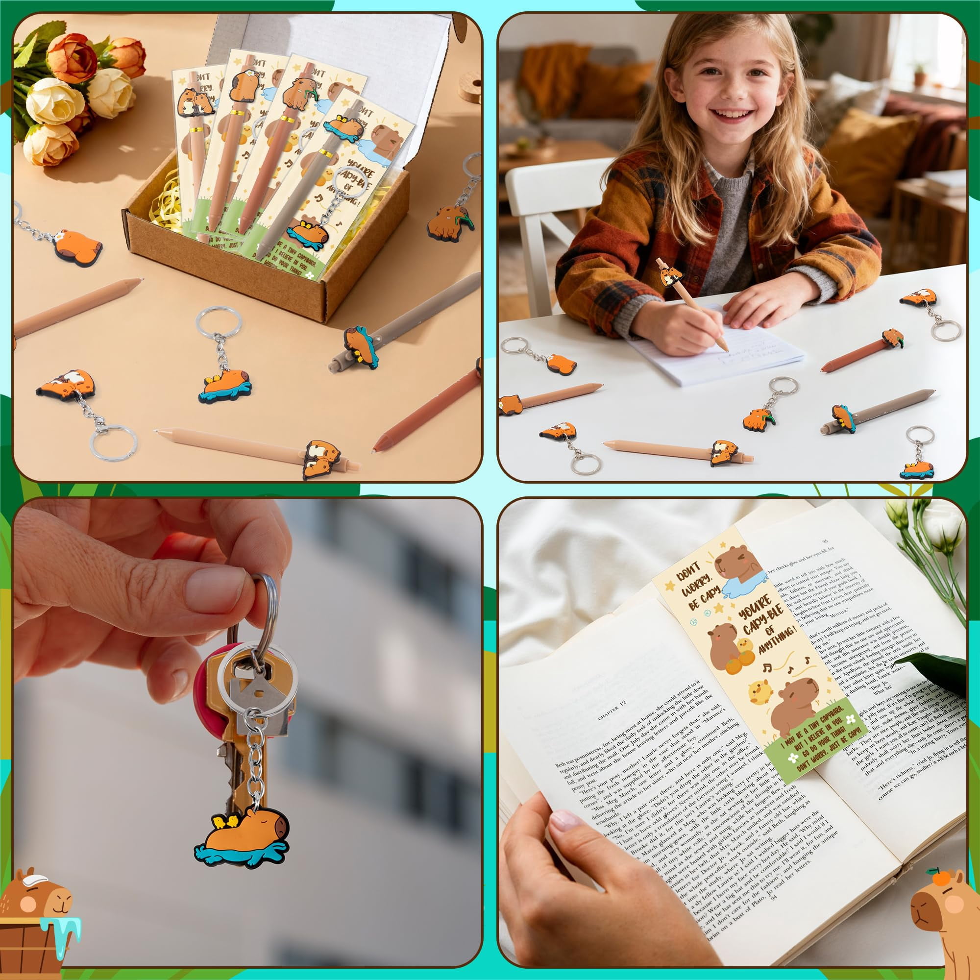 Capybara Motivational Gifts Bulk - 12 Set Capybara Ballpoint Pens Keychains Bookmarks, Funny Classroom Rewards Student Teacher Employees Coworker Appreciation Gifts Inspirational Party Favors
