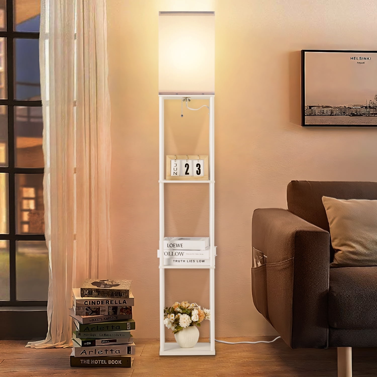 Brightech Maxwell Modern Floor Lamp with Storage, Tall Shelf for