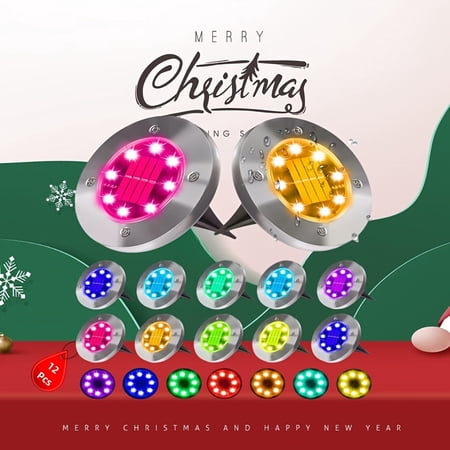 Christmas Decoration Lighting, Outdoor Solar Ground Lights, 12 Pack 8 LED Color Changing Solar Disc Lights, Garden Underground Lights, Landscape Lighting For Lawn, Yard, Deck, Patio, Sidewalk (RGB)