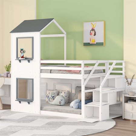 Low Bunk Bed for Kids  Twin Over Twin Floor Bunk Bed with Storage Stairs  Solid Wood Stairway Bunk Bed with Roof and Window  Guardrail and Ladder  No Box Spring Needed Playhouse Design Bed  White