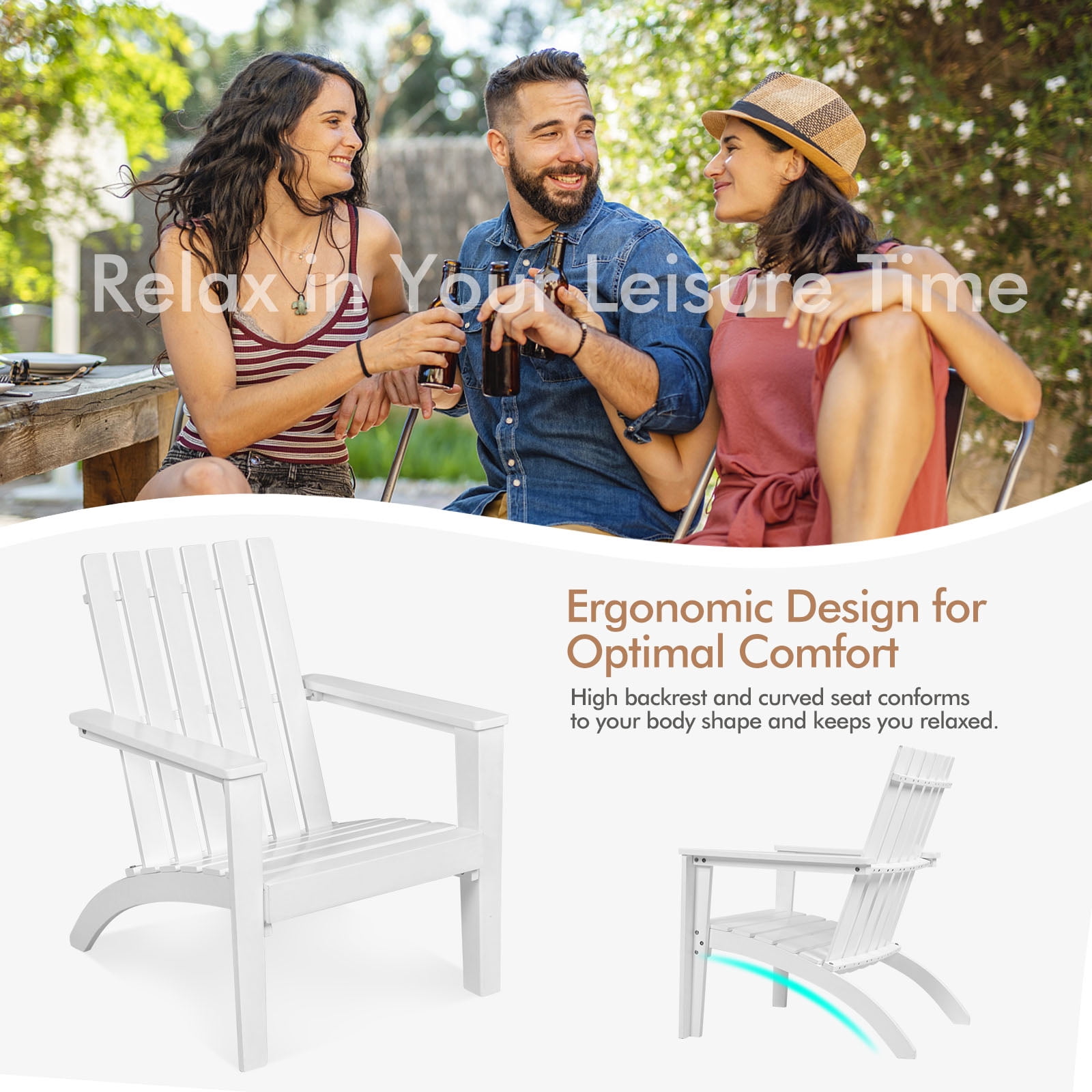 Patiojoy 2PCS Wooden Adirondack Chair W/Ergonomic Design Outdoor Lounge Armchair Acacia Wood chair for Yard&Patio White