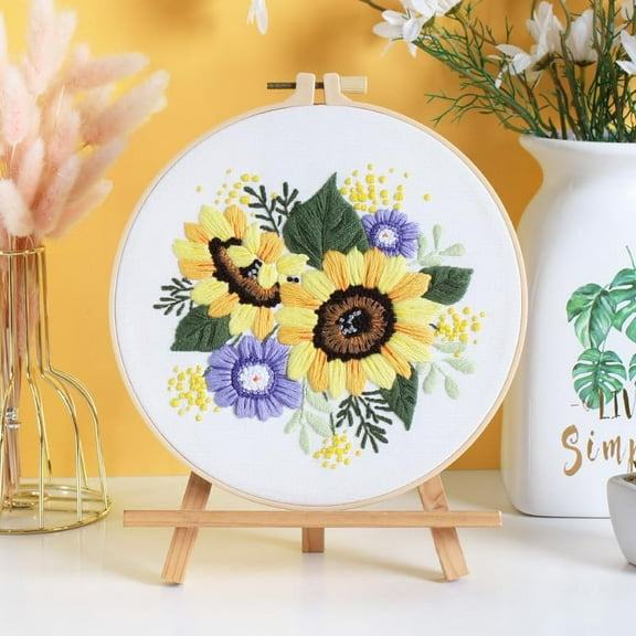 Embroidery Starter Kits with Sunflowers Bonquet Pattern and Instructions, Plastic Embroidery Hoops,Color Threads and Needles,Embroidery Kit for Home Decor(LE143)