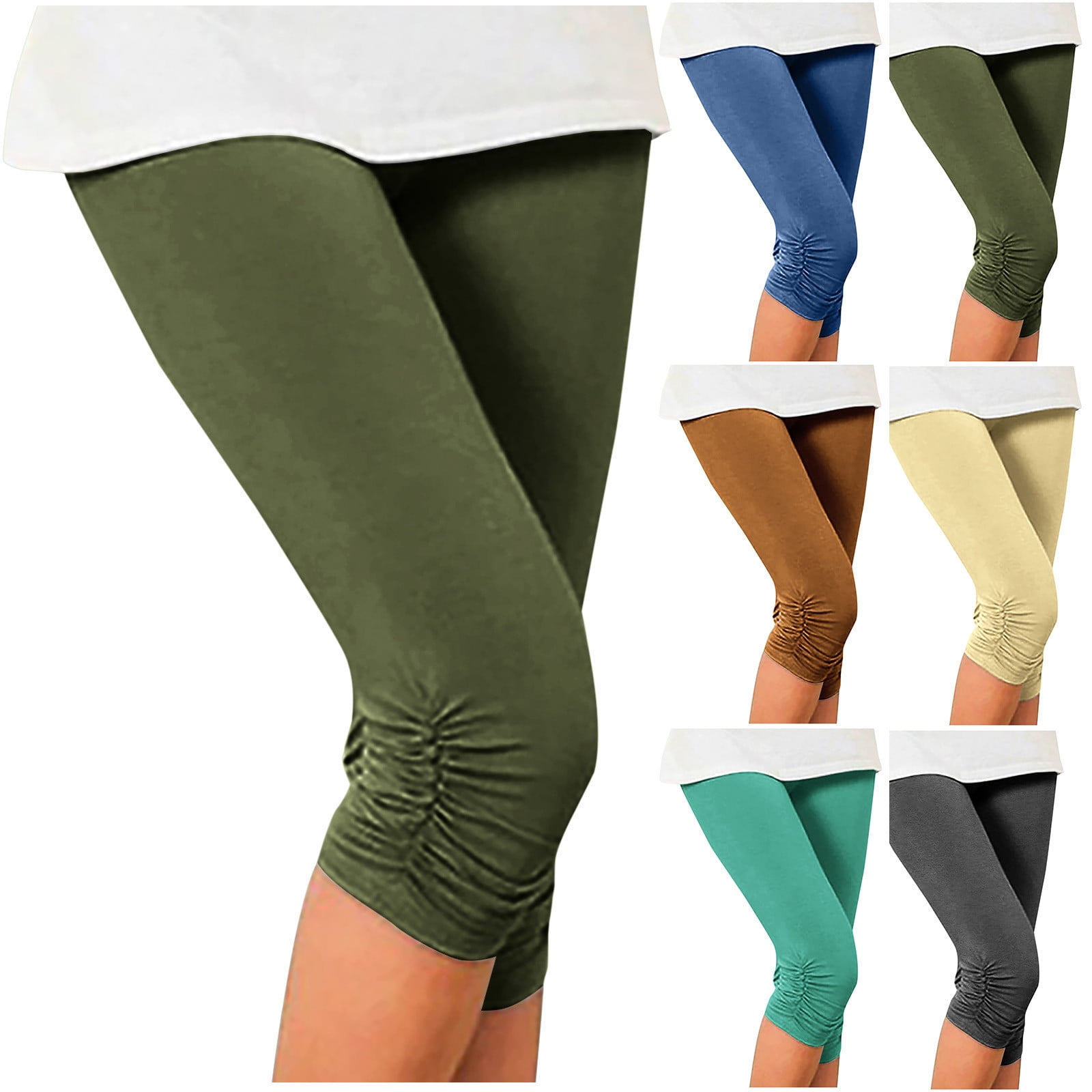 JURANMO Women s Capri Leggings Soft Milk Silk Bottoms Solid Color Fashion Pleated Pants Casual Stretch Capri Legging Deals of the Day Green S Walmart