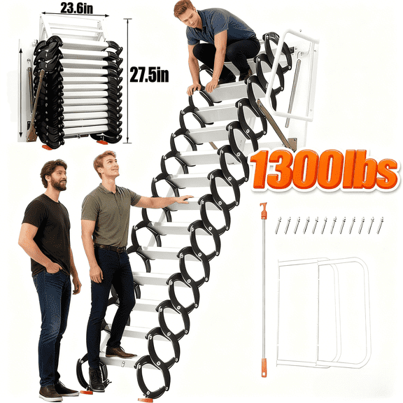 Space-Saving Foldable Attic Ladder, with 1300lb Capacity, Wall-Mounted 12-Step Alloy Steel Pull-Down System, Adjustable 9.8ft Collapsible Attic Access Ladder