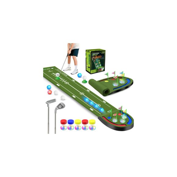 Alfombra de Putting de Golf TERRAMUS con Agujeros LED Iluminados y 2 Palos