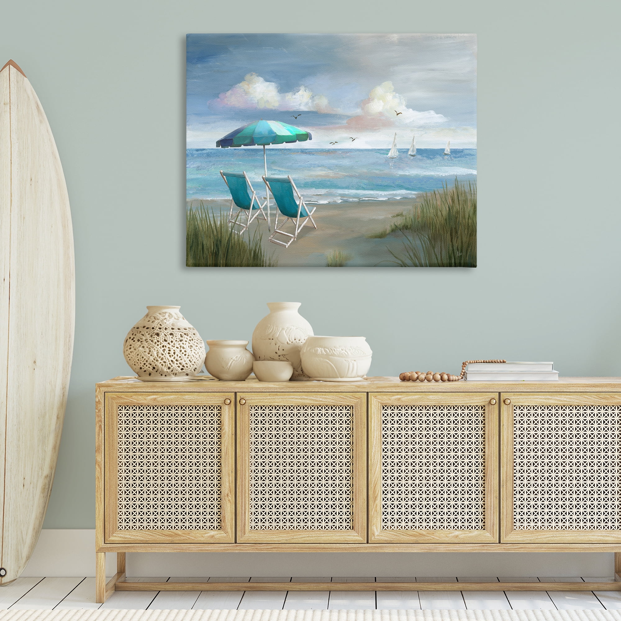 Stupell Industries Seagulls over Calm Beach Nautical & Beach Painting Wrapped Canvas Art Print Wall Art, 48 x 36