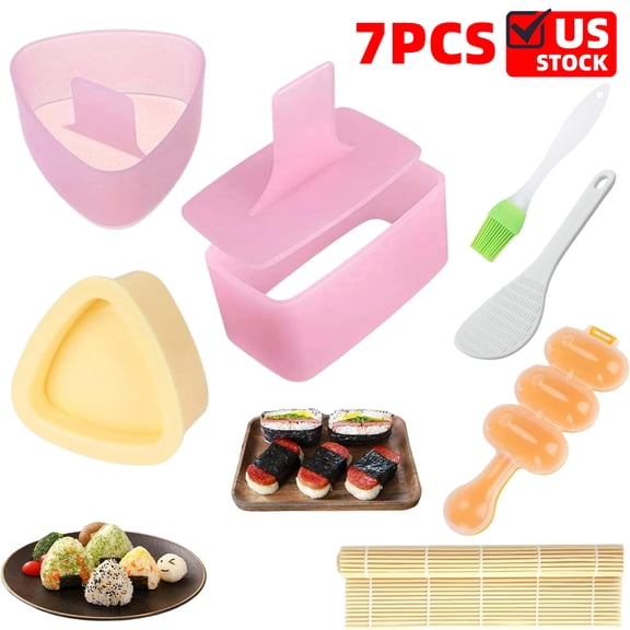 7 Pcs Onigiri Rice Ball Mold Maker Kit, Musubi Press, Classic Triangle Shake Sushi Roller Mat Tool Lunch and Home DIY, Non-stick, BPA-Free