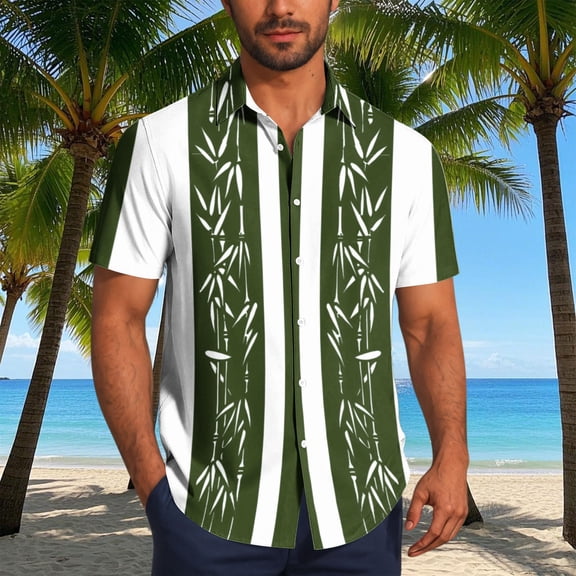 Nmnitkp Men's Short Sleeve Button Down Shirt, Bamboo Print Casual Collared Top, Lightweight Summer Vacation Relaxed Fit Shirt for Men Army Green,S