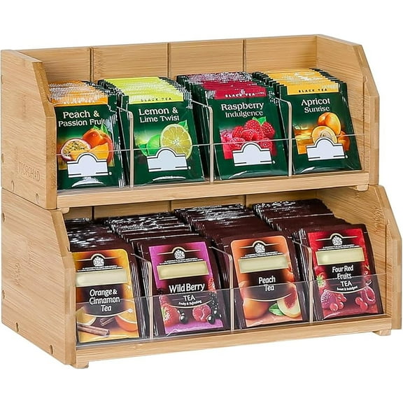 XUET 2 Layer Stackable Bamboo Tea Bag Organizer Storage Holder for Tea Bags Wood Tea Box Containers Tea Rack Teabag Station Stand for Cabinet Countertop Office(Patented Design)