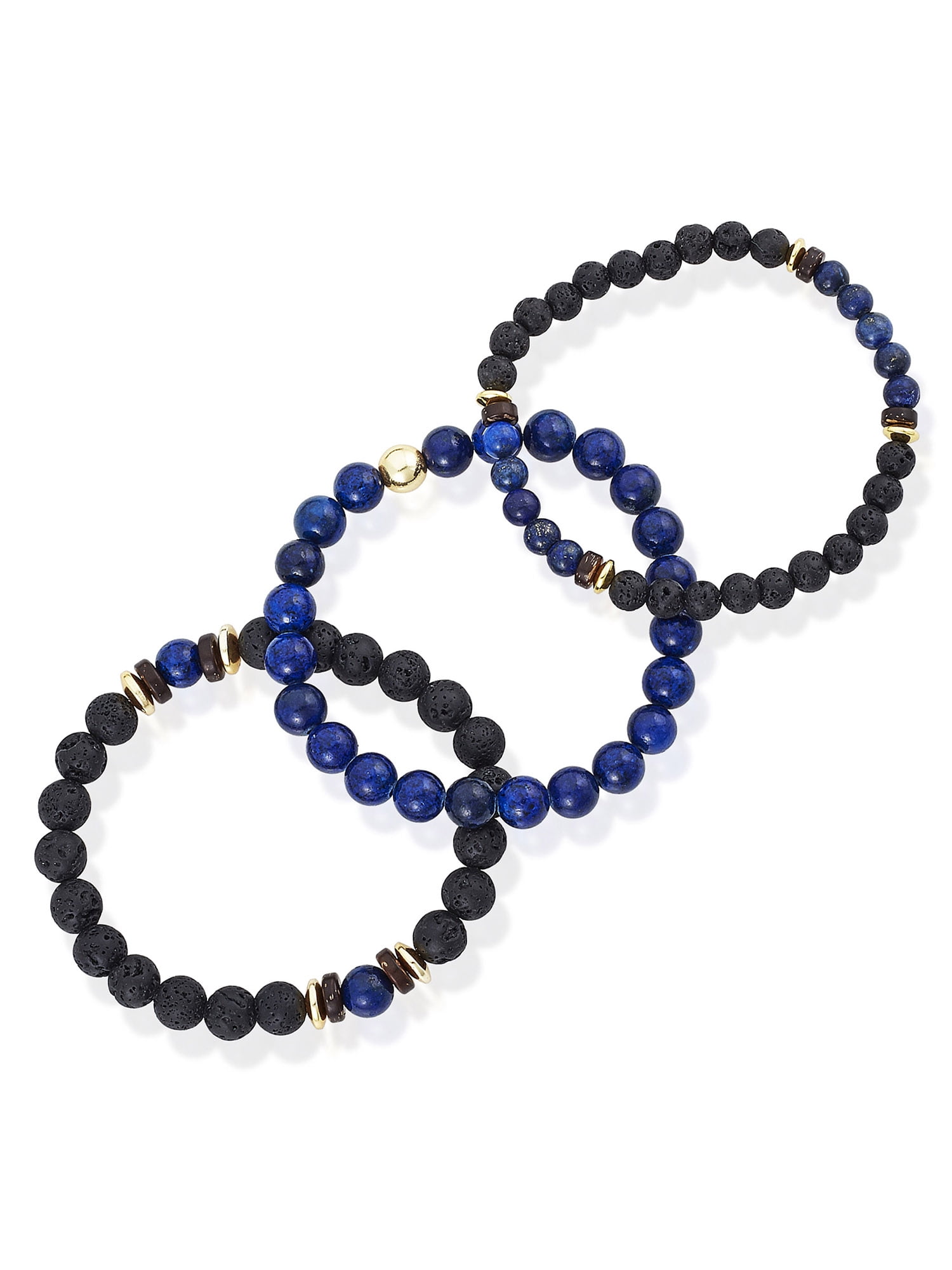 Coastal Jewelry Men's Lapis Lazuli Stone with Gold Plated Hematite, Lava and Wood Beaded Stretch Bracelet Set of 3