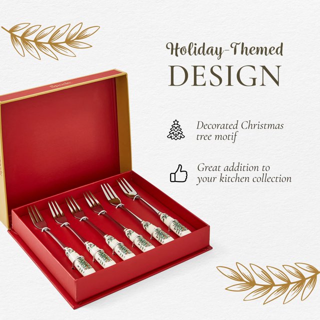 Portmeirion Christmas Tree Pastry Forks (Set of 6) Stainless Steel Forks with Porcelain Handles for Holiday Meals 6-Inch Festive Christmas Flatware - Seasonal Tableware & Silverware Gift Set