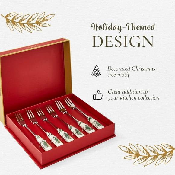 Portmeirion Christmas Tree Pastry Forks (Set of 6) Stainless Steel Forks with Porcelain Handles for Holiday Meals 6-Inch Festive Christmas Flatware - Seasonal Tableware & Silverware Gift Set
