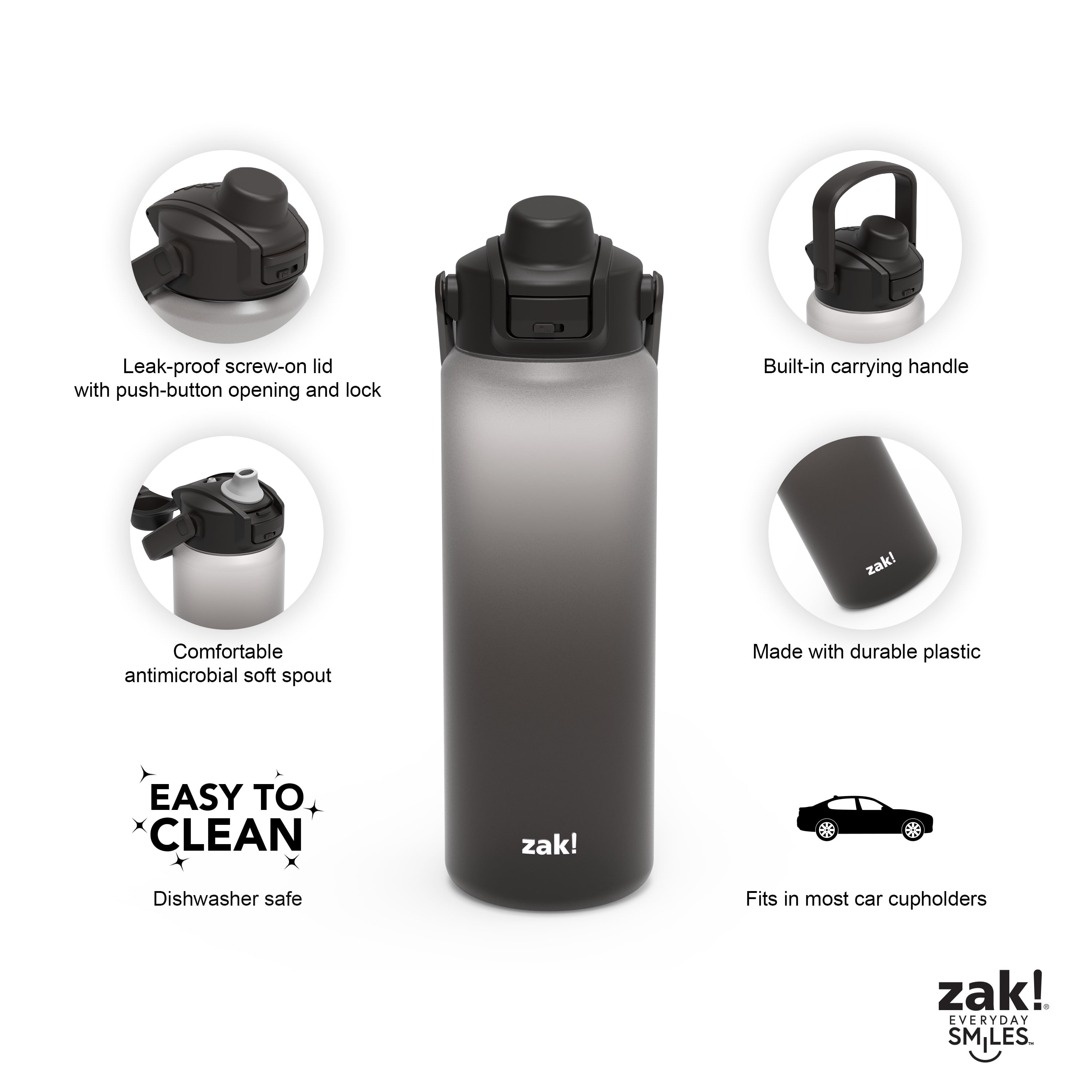 Zak Designs Soft Paint 32oz Durable Plastic Liberty Straw Water Bottle (Ombre Black)
