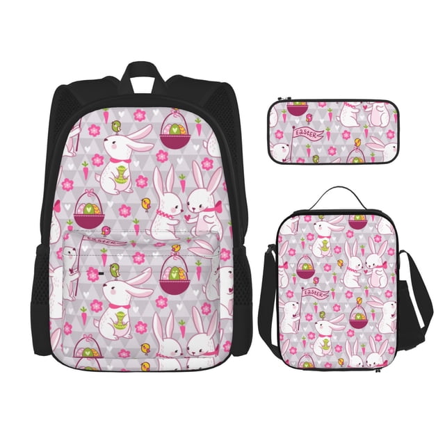 Fotbe Easter Rabbit Set Escolar 3 en 1 para Niños - Mochila Duradera con Lonchera Aislante y Estuche para Lápices - Mochila Escolar para Niños y Niñas