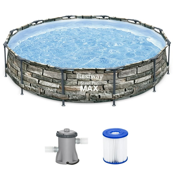 Bestway Steel Pro MAX 12'x30" Metal Frame Above Ground Pool, Filter Pump & Cartridge, Stone