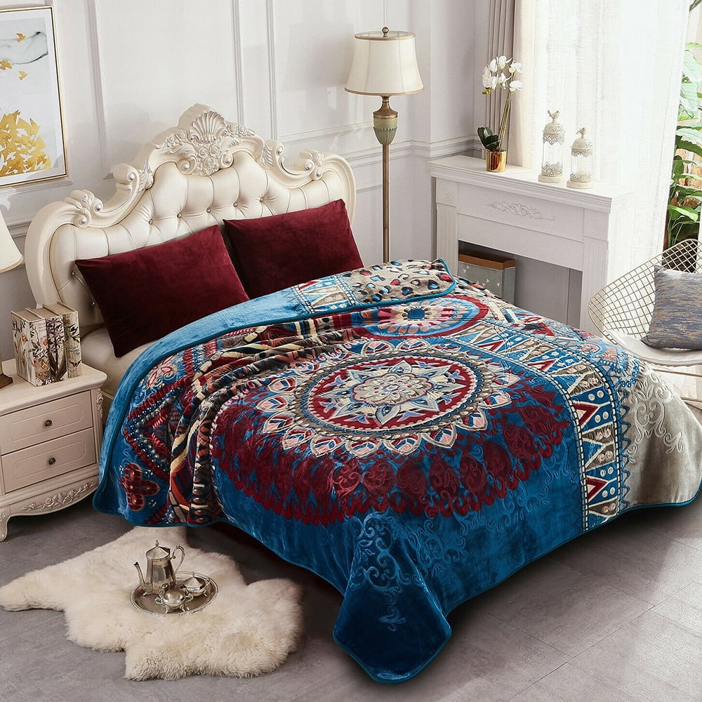 King Size Heavy Mink Blanket Soft Reversible Bohemian Blanket 9lbs