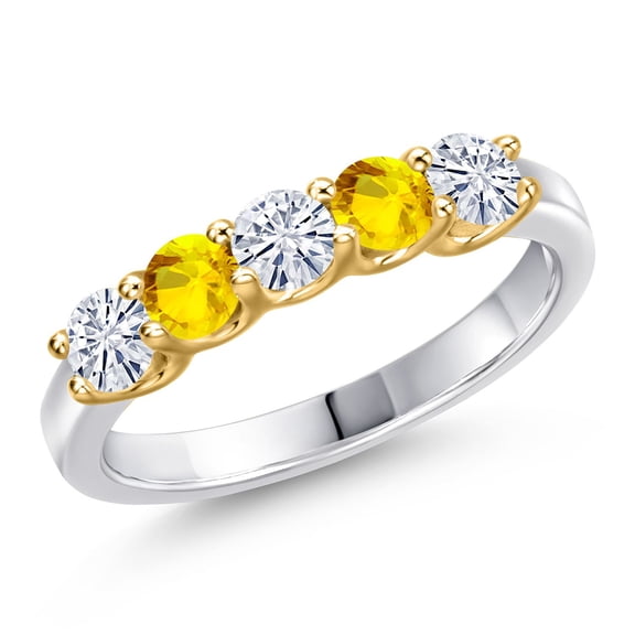 Gem Stone King 925 Silver and 10K Yellow Gold White Moissanite and Yellow Sapphire Wedding-Bands Ring for Women | 0.80 Cttw | Round 3.5MM | Gemstone Birthstone | Size 6